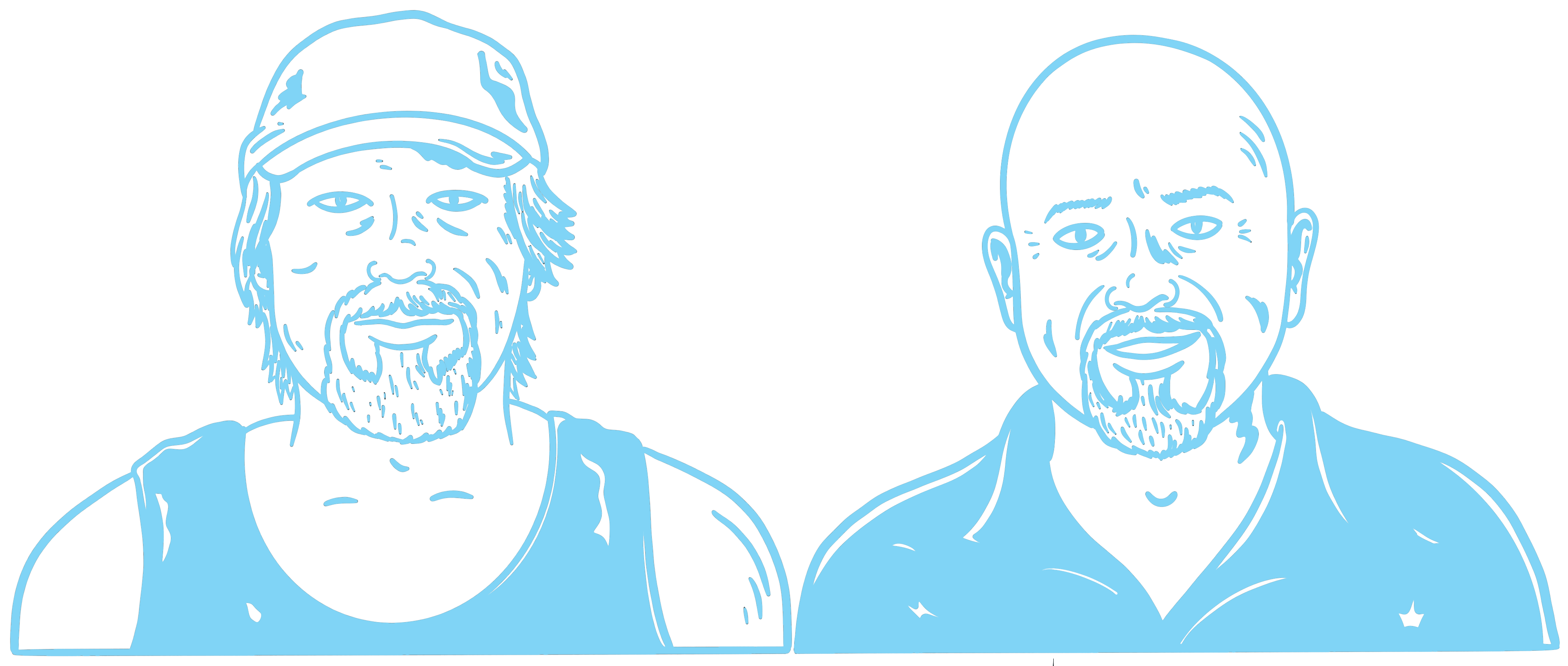a blue line drawing of Jamie Gutek and PJ Azzarella standing shoulder to shoulder next to each other