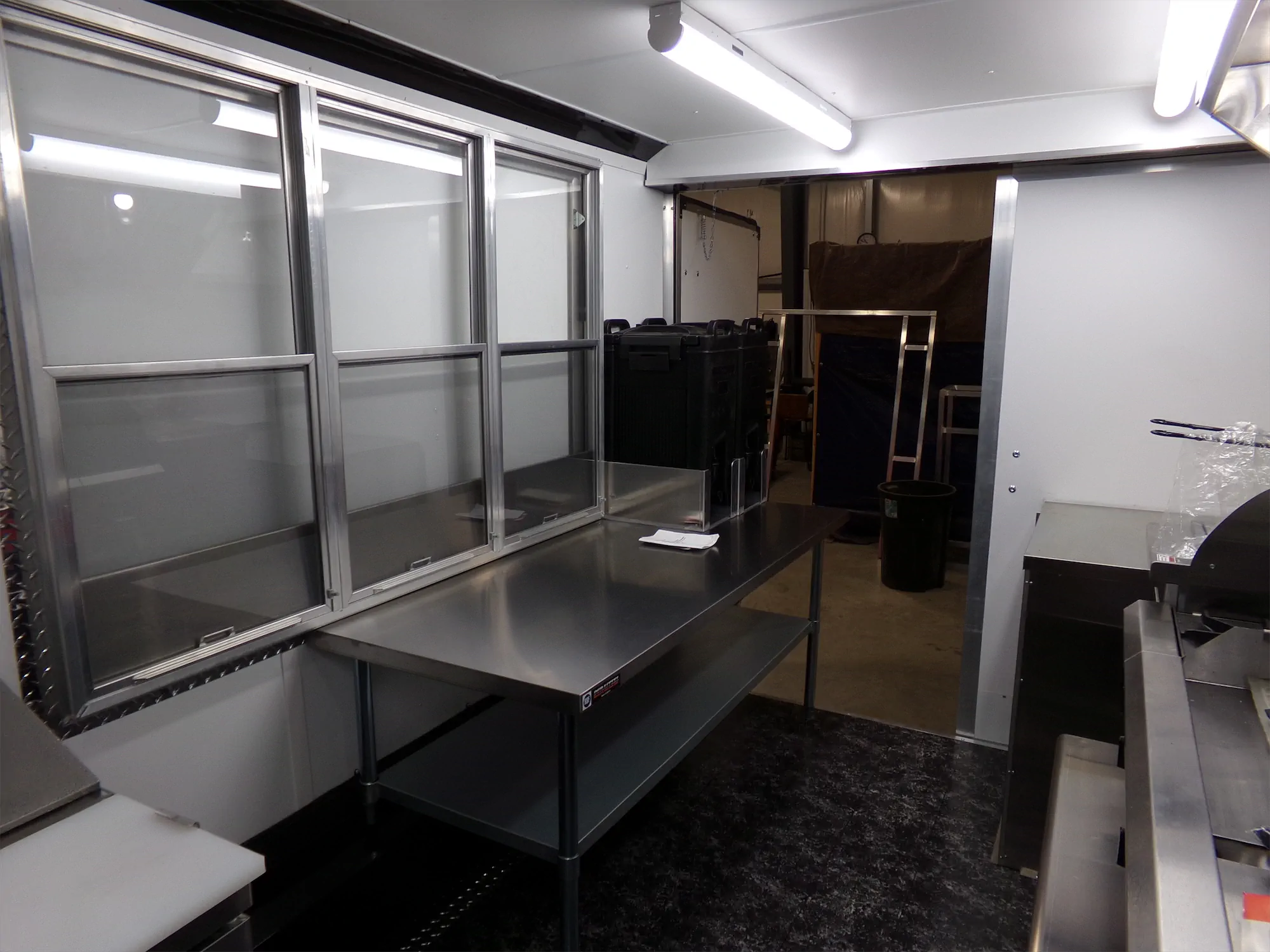 Buffalo Bros Burgers trailer, inside looking at the exit door