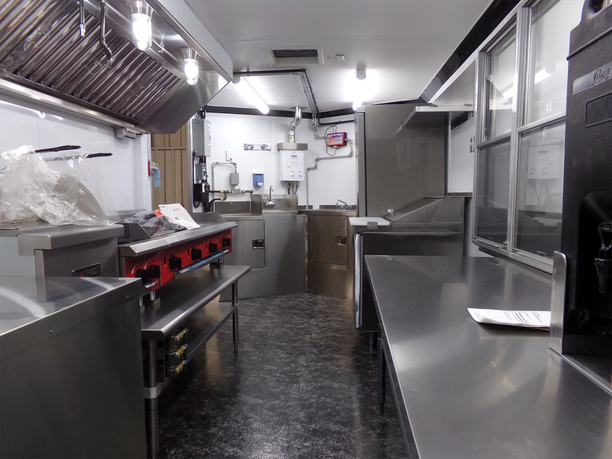 Buffalo Bros Burgers trailer, inside looking the length of the trailer