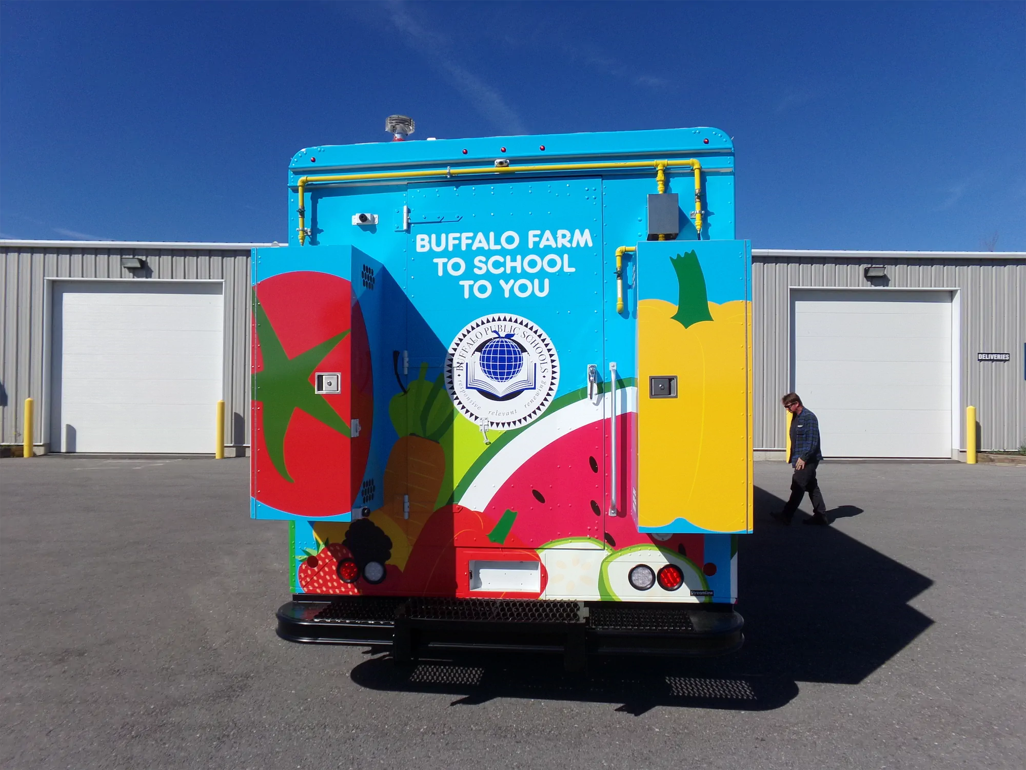 Buffalo Farm to School to you truck, outside, looking at the back