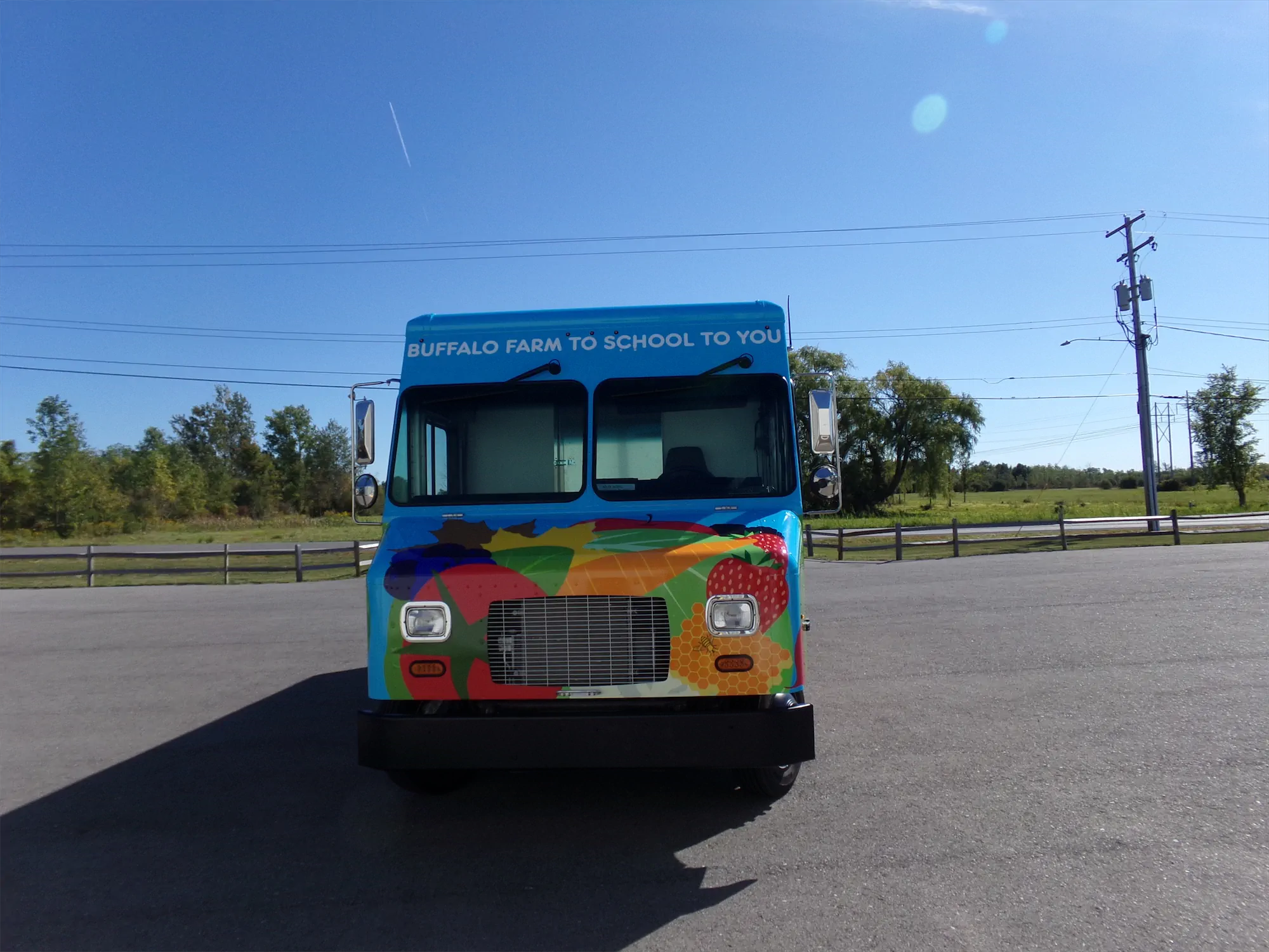 Buffalo Farm to School to you truck, outside, looking at the front