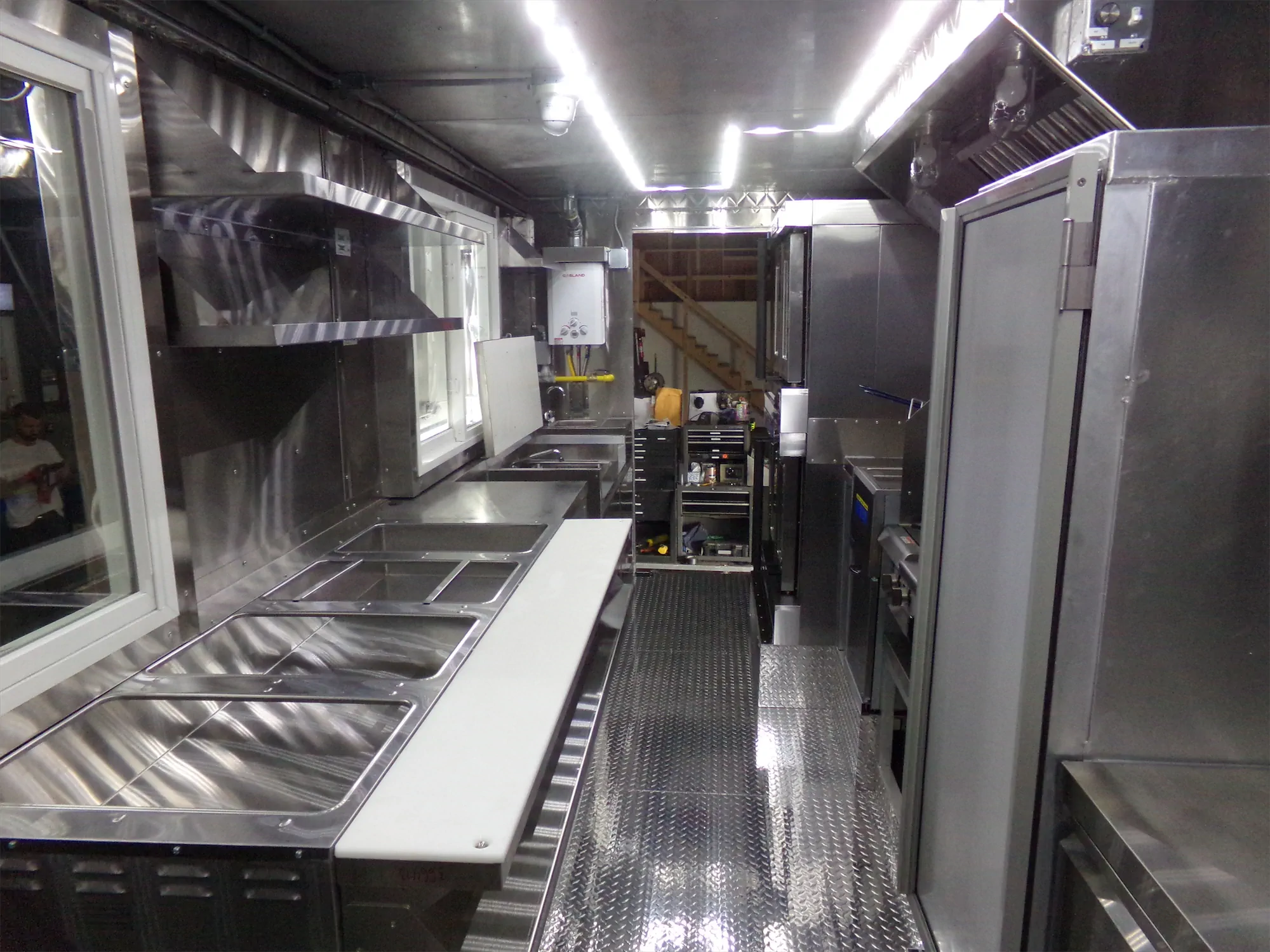 Big Brisket Daddy truck, inside, looking down the length of the truck towards the back